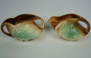 Vintage Mccoy Daisy Green And Brown Glazed Art Pottery Tea Set Cream Sugar Bowl