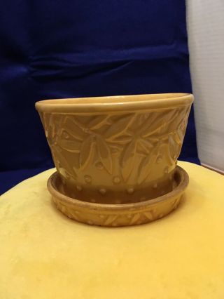 Mccoy Pottery Yellow Flower Pot And Saucer With Leaves And Dots