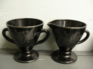 Vintage Black Amethyst Glass Set Cream & Sugar Bowl Silver Overlay L.  E.  Smith