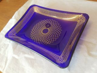 Small Vintage Bohemian Cobalt Blue Glass Trinket Tray With Gilt Details