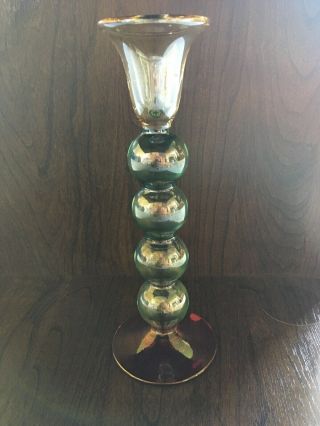 Candle Holder KROSNO POLAND ART DECO TALL BALL STEM GLASS Tri Colour Lustre 3