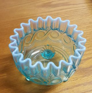 Vintage Blue And White Opalescent Glass Bowl With Ruffled Rim
