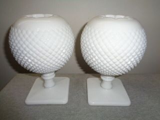 2 Vintage Westmoreland Ivy Ball Pedestal Vases English Hobnail Milk Glass