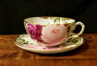 Vintage Nippon Hand Painted Gold Rose Tea Cup Set 3pc