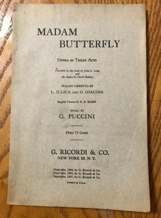 Madam Butterfly Opera In Three Acts Program Booklet Puccini G.  Ricordi & Co 1907