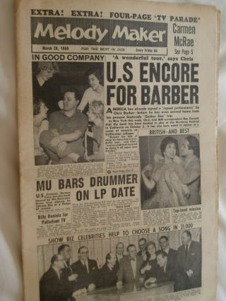 Melody Maker Pop Paper.  28th March 1959.  Johnny Mathis. ,  Johnnie Ray.  Etc