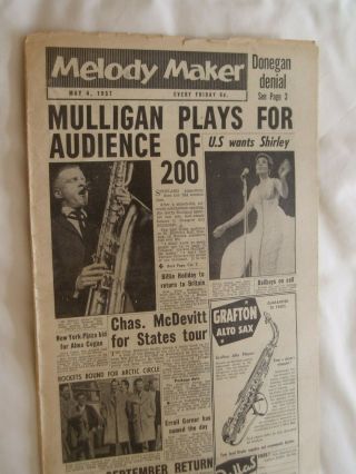 Melody Maker Pop Paper.  4th May 1957.  Gerry Mulligan " Jazz ". ,  Lon Donegan.  Etc