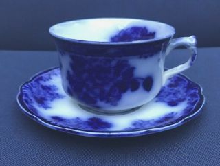 Antique Flow Blue Waldorf Cup & Saucer Wharf Pottery England
