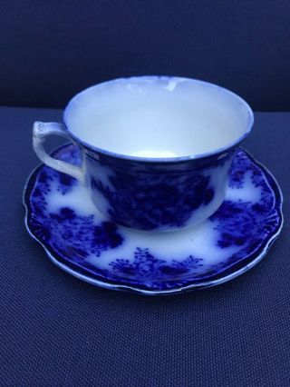 ANTIQUE FLOW BLUE WALDORF CUP & SAUCER WHARF POTTERY ENGLAND 3