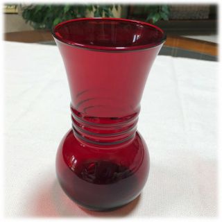 Vtg Anchor Hocking Royal Ruby Red Small Glass Vase Art Deco Rings Ball Base