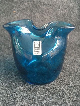 Vintage Mdina Squat Vase Art Glass Blue Pinch Top Vase