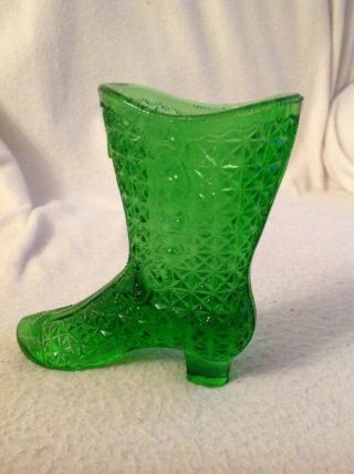 Antique Moser Glass Button Boot High Heel Green Foot Vase Tot Ladies Vintage Old