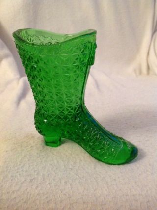 Antique moser glass button boot high heel green foot vase tot ladies vintage old 2