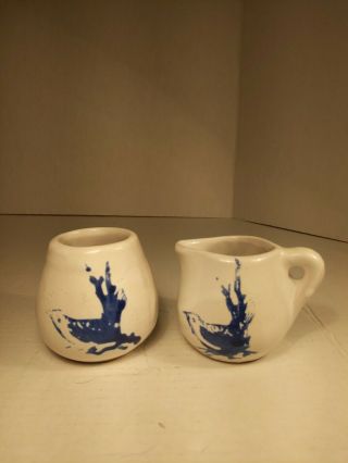 Bybee Pottery - White And Blue Bird Creamer And Sugar Jar -