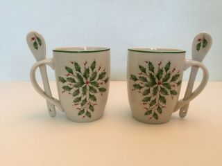 Lenox Holiday Cocoa Mugs With Spoons,  Ivory,  Set Of 2 - 14 Oz
