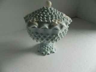 Vintage Hobnail Pedestal Candy Dish Pale Blue With White Accents