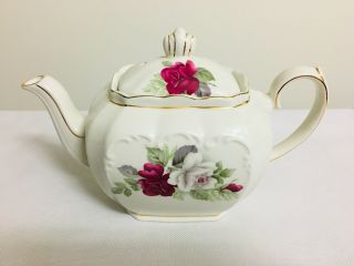 Sadler Cube Full Size Teapot With Red Cabbage Rose England Fine Bone China