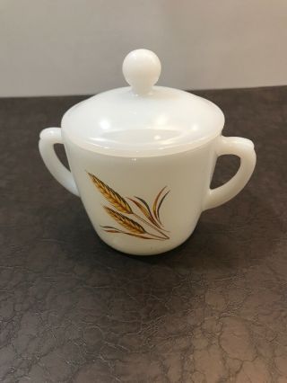Vintage Fire King Oven Ware Milk Glass Sugar Bowl With Lid Wheat Pattern