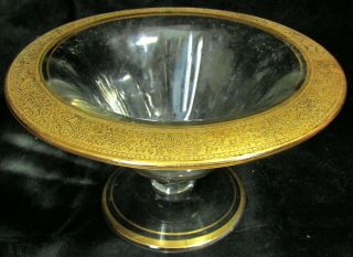 Depression Glass Compote Pedestal Dish - Gold Trim - Acid Etched Basket Pattern