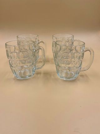 Set Of 4 Vintage 4 3/8” Glass Barrel Root Beer Mugs Block Pattern