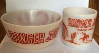 Vintage Ranger Joe Ranch Mug And Bowl Hazel Atlas Glass Red And White Milk Glass