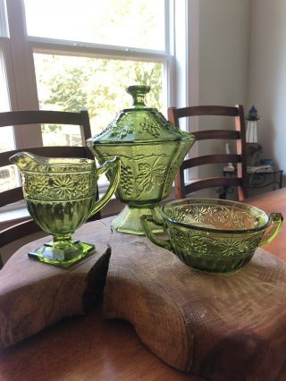 Vintage Green Depression Glass Open Sugar Bowl Creamer And Candy Dish