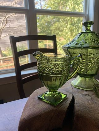 Vintage Green Depression Glass Open Sugar Bowl Creamer And Candy Dish 2