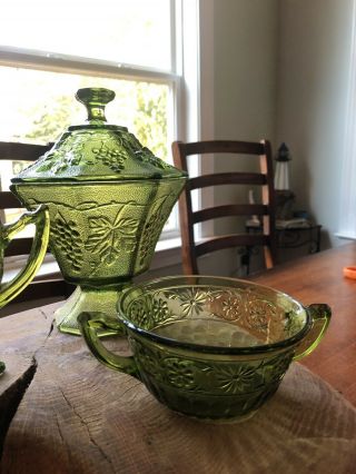 Vintage Green Depression Glass Open Sugar Bowl Creamer And Candy Dish 3