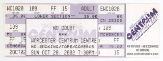 Rare No Doubt 10/20/02 Worcester Ma Centrum Centre Full Ticket