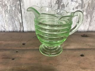 Vintage Green Vaseline Glass Footed Creamer Horizontal Ribbing