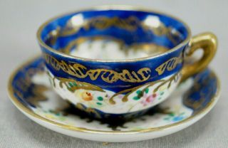 Hokutosha Occupied Japan Hand Painted Floral Cobalt Gold Miniature Cup & Saucer
