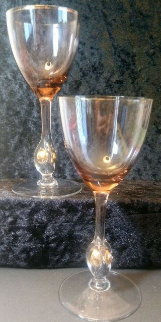 Pair Vintage Czech Crystal Wine Stemware Glass Atlas Pattern Amber Gold Ball Vgc