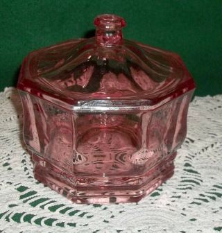Retro Pink Indiana Glass Octagon Shaped Covered Candy Dish With Lid -
