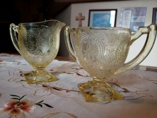 Vintage Deppresion Glass Cream And Sugar Set Yellow Etched Pretty
