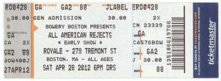 All American Rejects 4/28/12 Boston Ma Concert Ticket