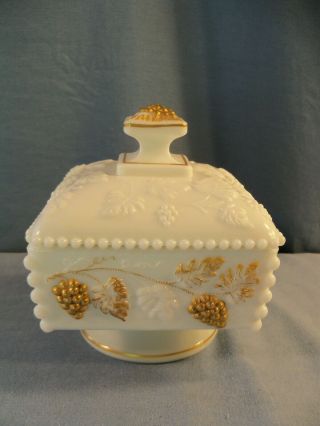 Westmoreland White Milk Glass Beaded Grape Covered Candy Dish W/ Gold Decoration