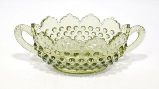 Vintage Olive Green Fenton Hobnail Glass Oblong Candy Dish Handles Scalloped