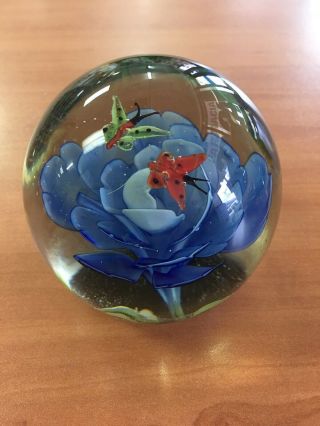 Vintage Murano Glass Paperweight Blue Flower With Two Butterflies