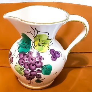 Vintage Italian Pottery Pitcher Hand Painted Purple Grapes 5 - 1/2” Crafted Italy