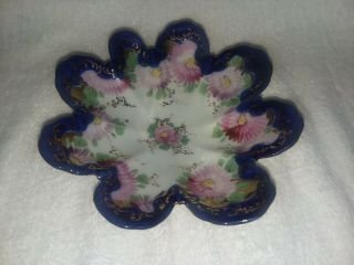 Vintage Nippon Hand Painted Cobalt Blue And Floral Scalloped Edge Bowl
