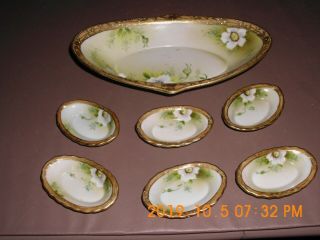 Vintage Hand Painted Floral Nippon China 6 Salt Tray Cellars & Celery Tray
