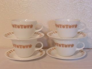 Vintage Corelle Butterfly Gold Set Of 4 Coffee Tea Cups Mugs & Saucers