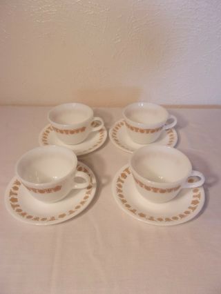 Vintage Corelle BUTTERFLY GOLD Set of 4 Coffee Tea Cups Mugs & Saucers 5