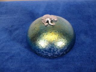 Heron Glass Iredescent Glass Paperweight With Metal Frog Figure.