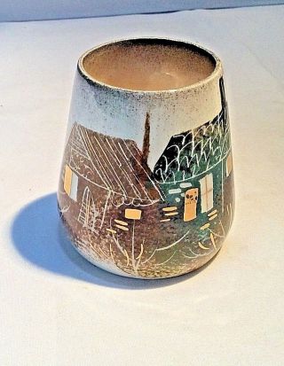 Vintage Mid Century Signed Sascha Brastoff Pottery Vase " Box Painted Houses " 17