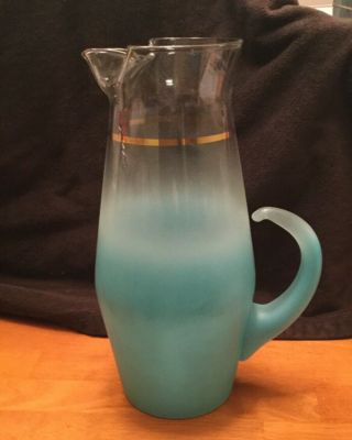 Mid Century Modern Turquoise Blendo West Virginia Glass Vintage Cocktail Pitcher