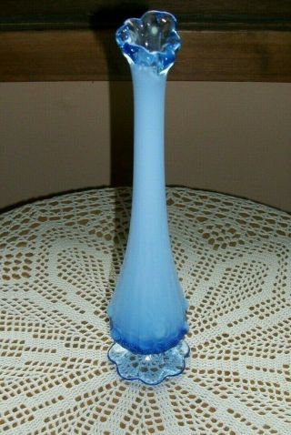 11” Fenton Blue Shaded Slag Glass Hobnail Stretch Swung Vase Roses Marked