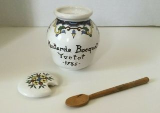 Vintage French Mustard Pot Jar Moutarde Bocquet Yvetot 1735 Wooden Spoon