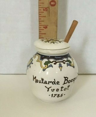 Vintage French Mustard Pot Jar Moutarde Bocquet Yvetot 1735 Wooden Spoon 3