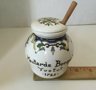 Vintage French Mustard Pot Jar Moutarde Bocquet Yvetot 1735 Wooden Spoon 4